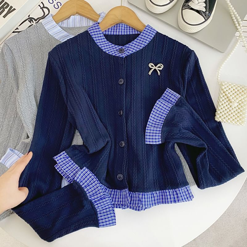 Long Sleeve Mock Two-Piece Plaid Trim Cardigan