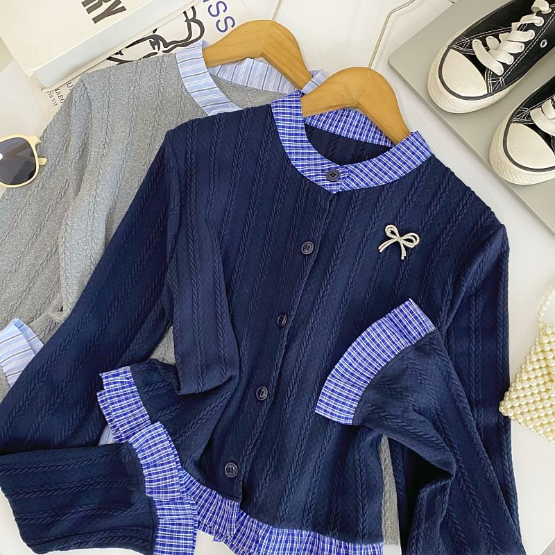 Long Sleeve Mock Two-Piece Plaid Trim Cardigan