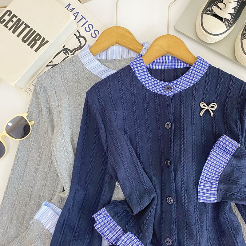 Long Sleeve Mock Two-Piece Plaid Trim Cardigan