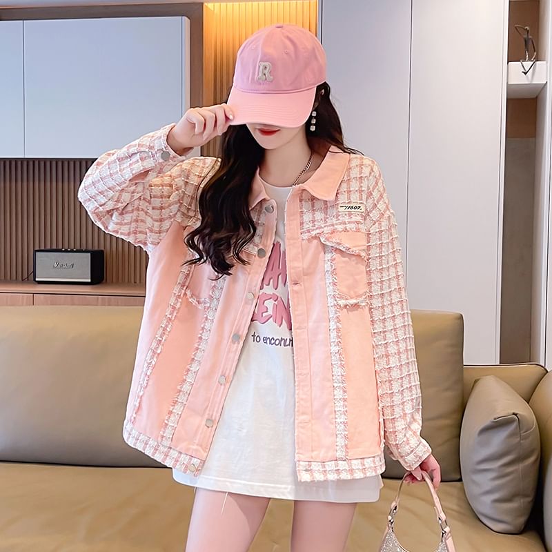 Collared Plaid Denim Panel Button-Up Tweed Jacket