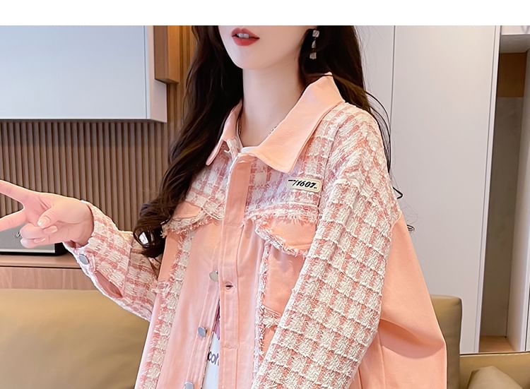 Collared Plaid Denim Panel Button-Up Tweed Jacket