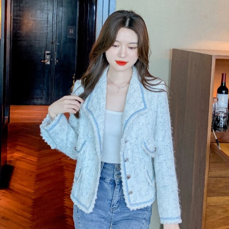 Lapel Collar Contrast Trim Button-Up Tweed Jacket