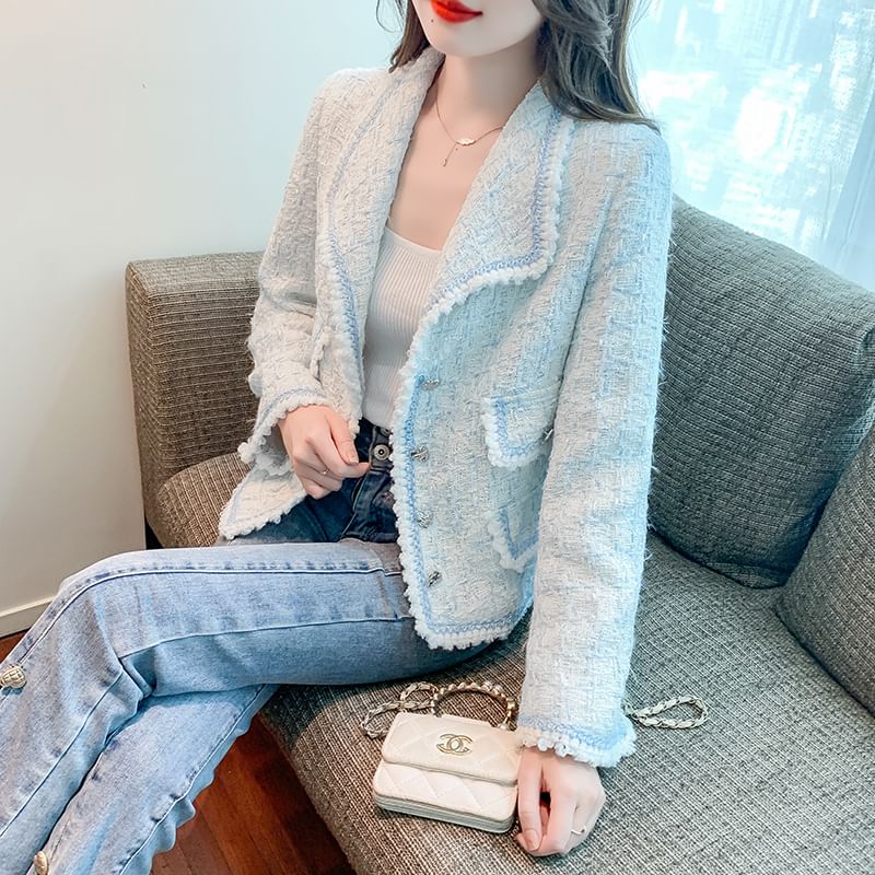Lapel Collar Contrast Trim Button-Up Tweed Jacket