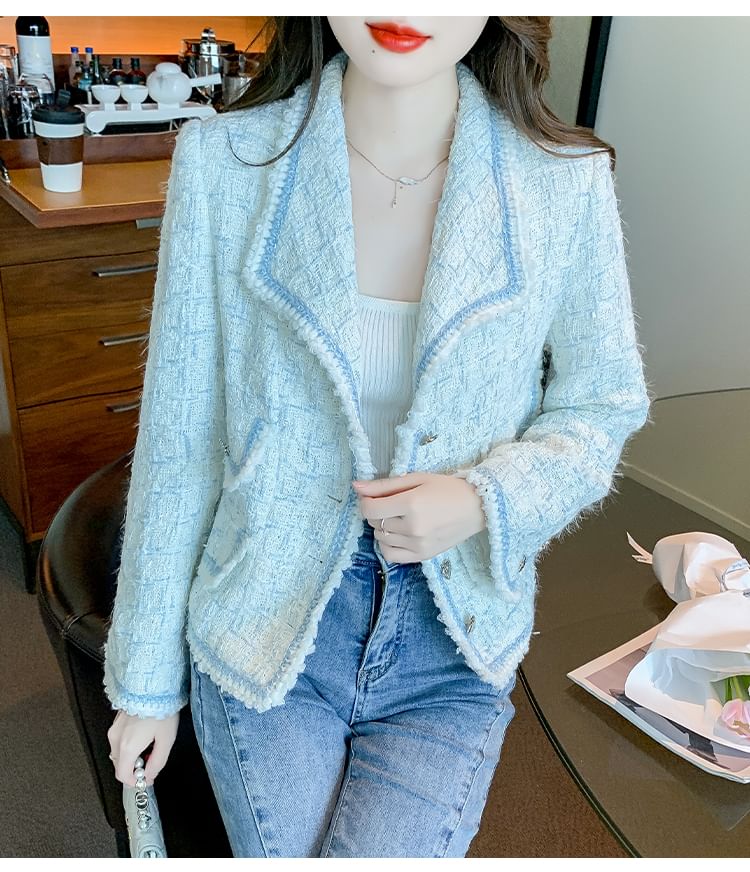 Lapel Collar Contrast Trim Button-Up Tweed Jacket
