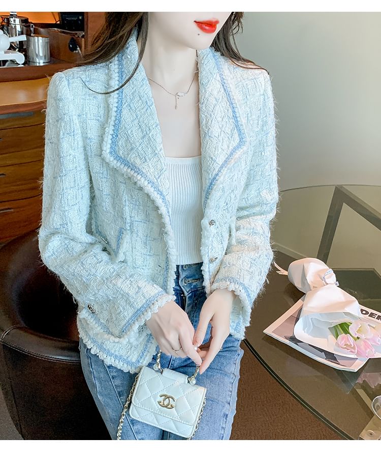 Lapel Collar Contrast Trim Button-Up Tweed Jacket