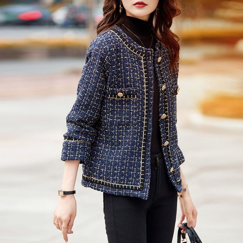 Round Neck Plaid Tweed Button Cropped Jacket