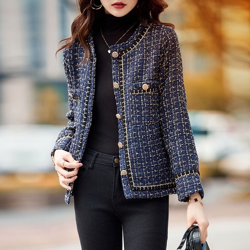 Round Neck Plaid Tweed Button Cropped Jacket