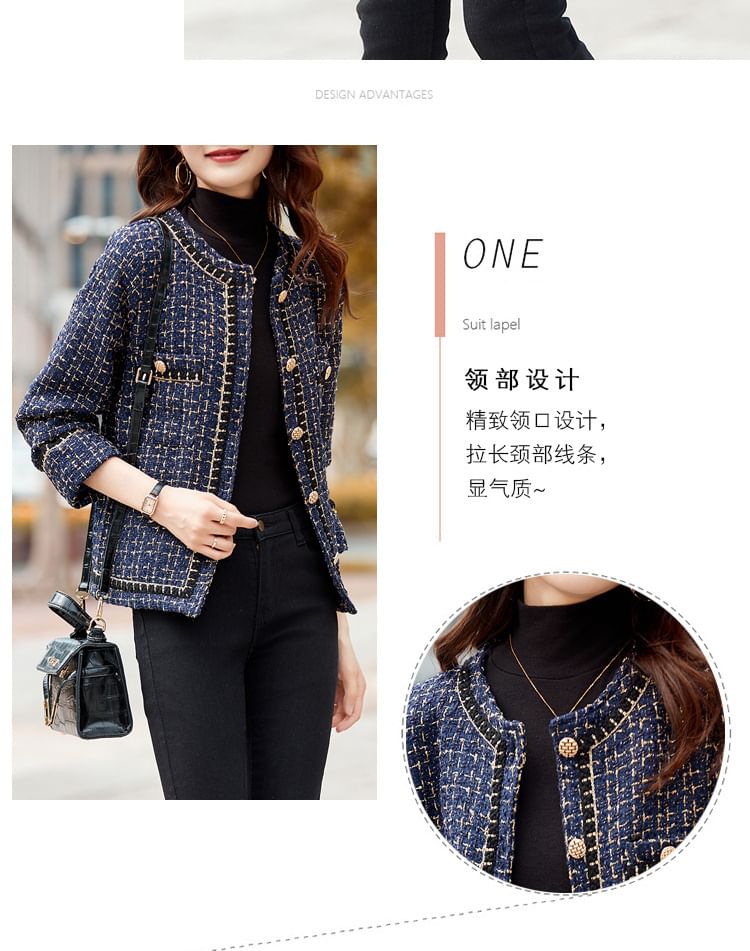 Round Neck Plaid Tweed Button Cropped Jacket