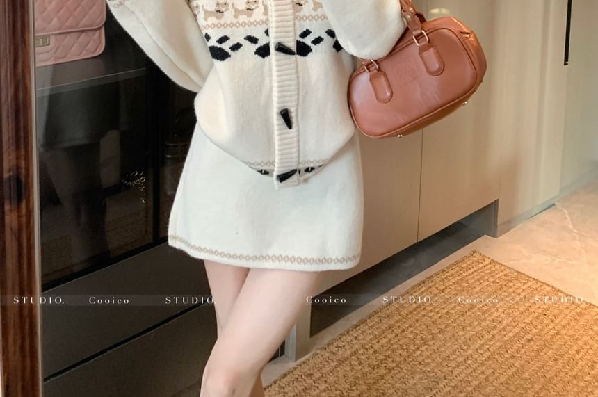 Crewneck Jacquard Cardigan and Mini Skirt Set