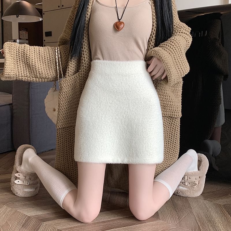 Mini Plain Pencil Skirt Fluffy High Rise