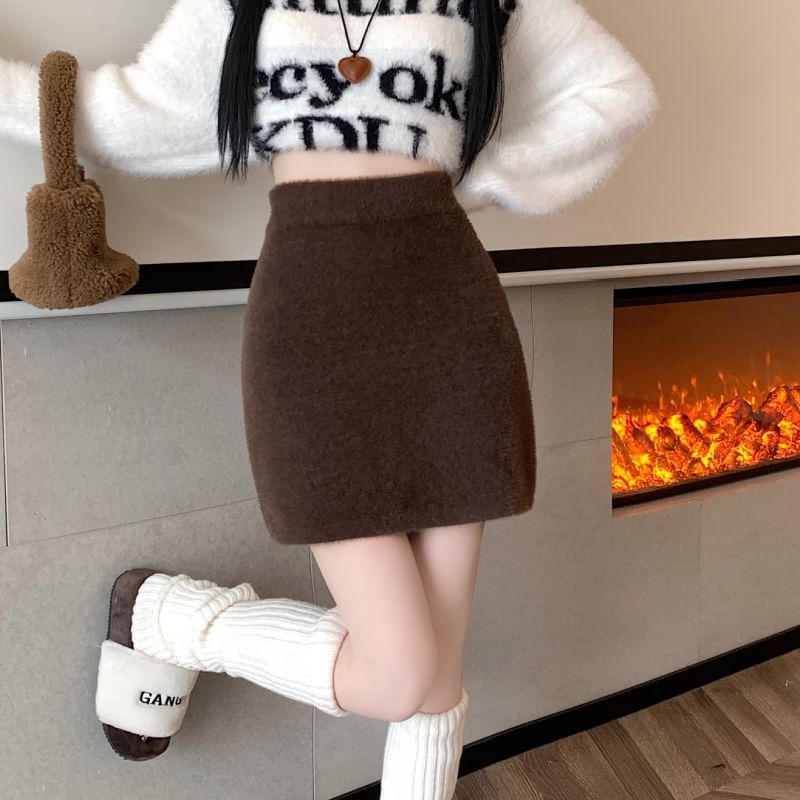 Mini Plain Pencil Skirt Fluffy High Rise