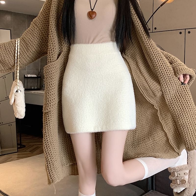 Mini Plain Pencil Skirt Fluffy High Rise