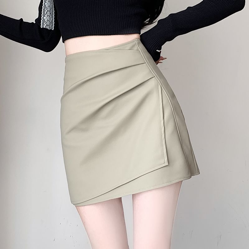 Waist Ruched Asymmetrical Skirt Faux High Plain Leather Pencil Mini