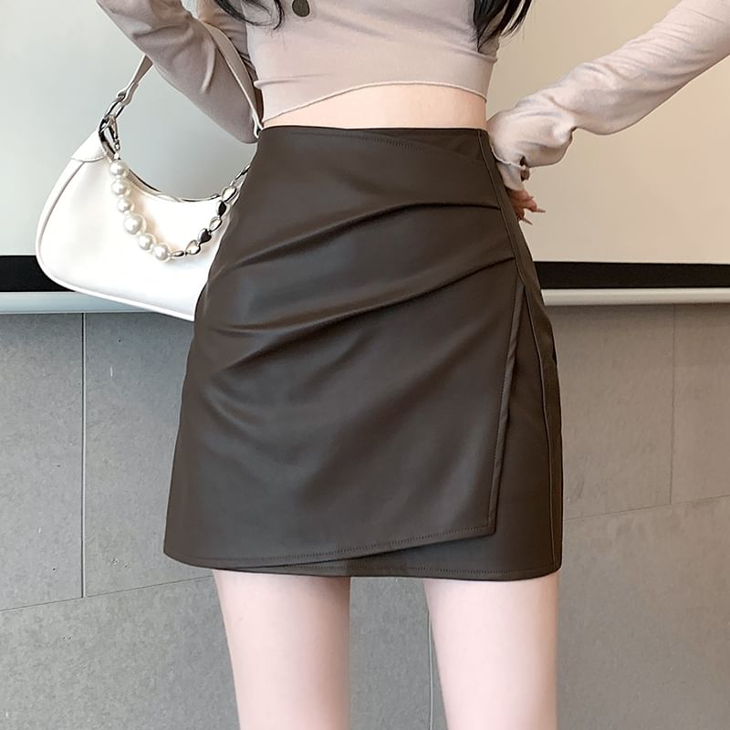 Waist Ruched Asymmetrical Skirt Faux High Plain Leather Pencil Mini