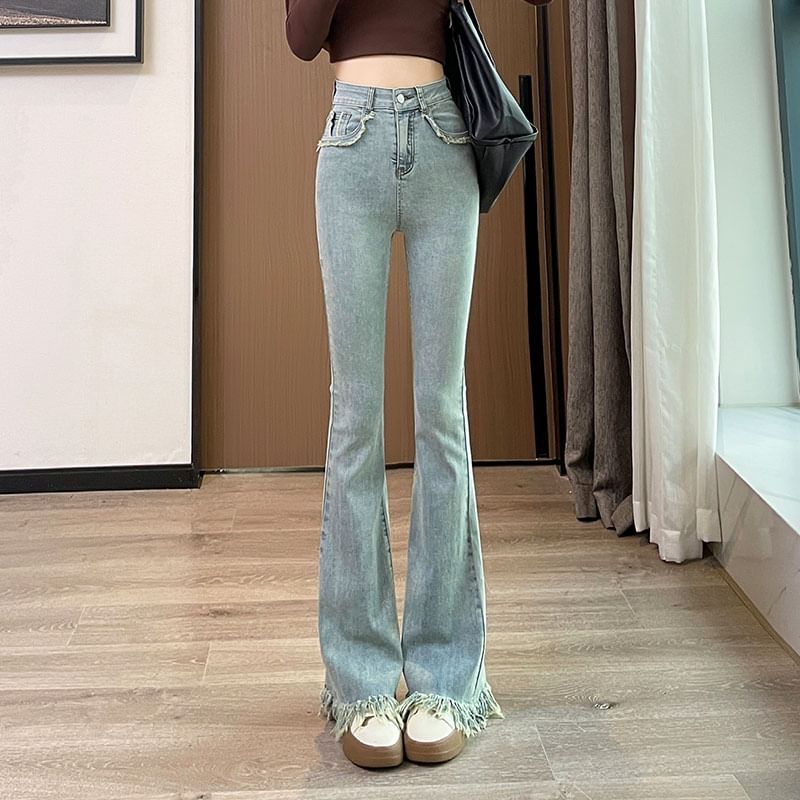 Waist Designs) Flared (Various Hem High Pants Fringed