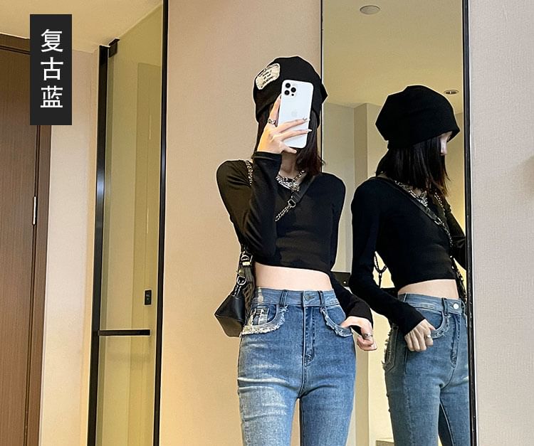 Waist Designs) Flared (Various Hem High Pants Fringed