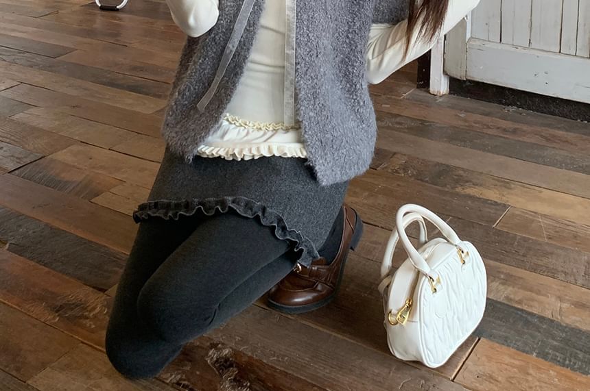 Ruffle Tee, Pencil Skirt, and Lace Up Cardigan Set