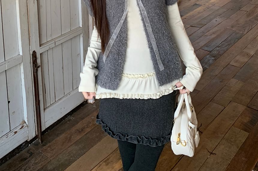 Ruffle Tee, Pencil Skirt, and Lace Up Cardigan Set