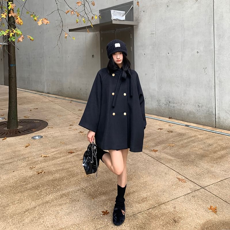 Tie Neck Plain Double Breasted Wool Coat