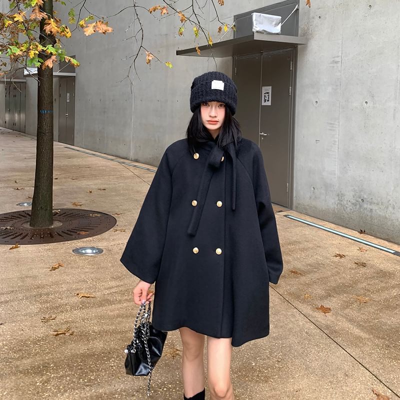 Tie Neck Plain Double Breasted Wool Coat