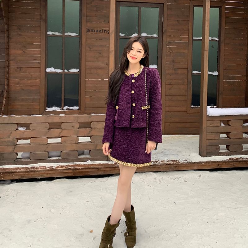 Round Neck Tweed Buttoned Jacket / High Waist Mini A-Line Skirt