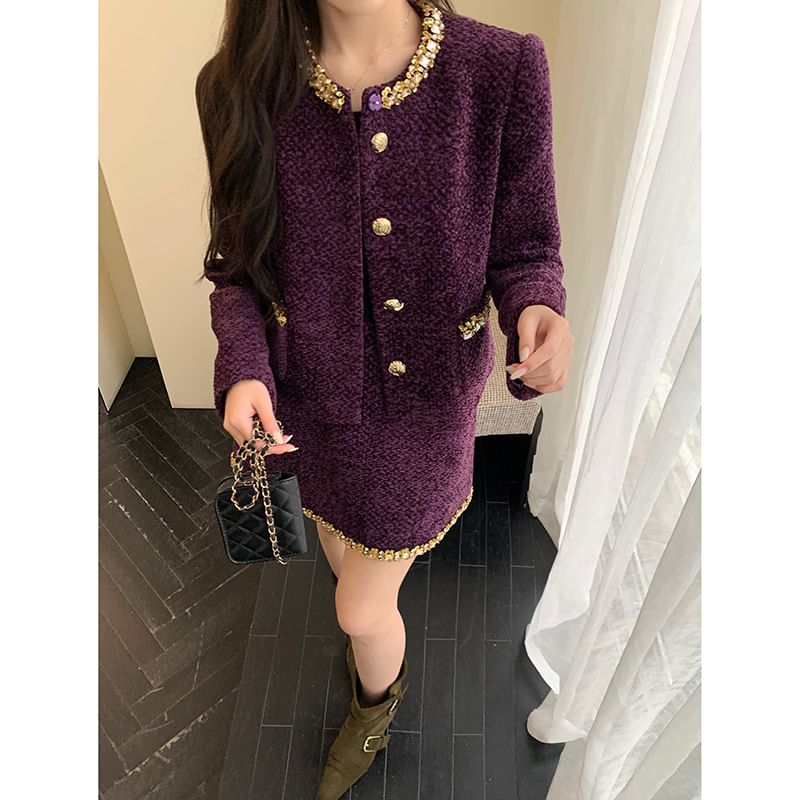 Round Neck Tweed Buttoned Jacket / High Waist Mini A-Line Skirt