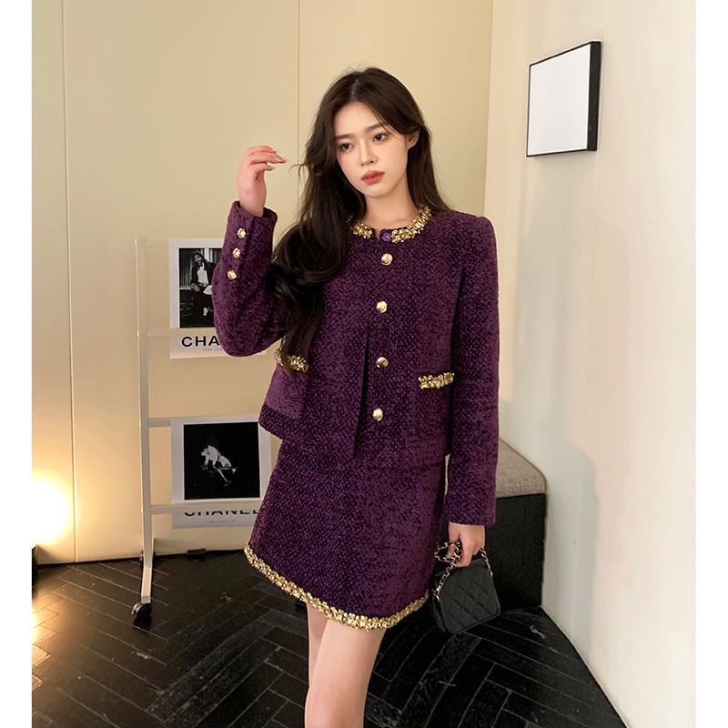 Round Neck Tweed Buttoned Jacket / High Waist Mini A-Line Skirt