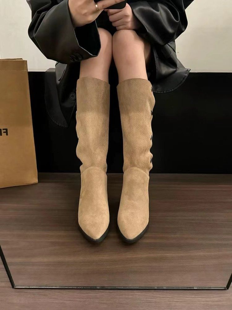 Pointed Faux Button Suede Toe Boots Knee High