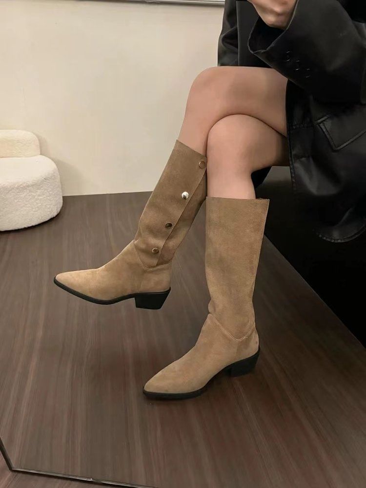 Pointed Faux Button Suede Toe Boots Knee High