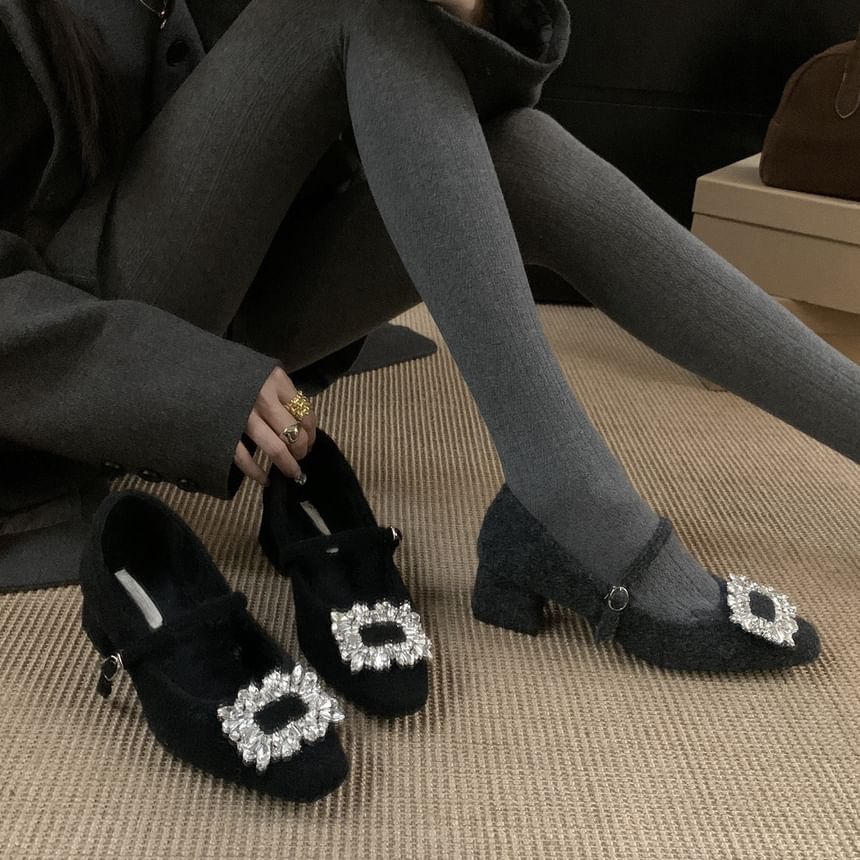 Square Block Mary Pumps Toe Jane Rhinestone Buckled Heel