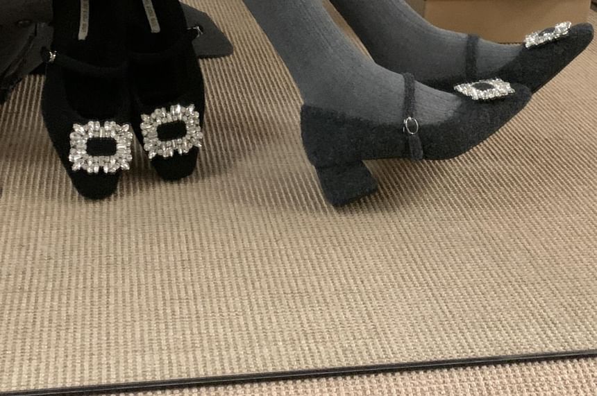 Square Block Mary Pumps Toe Jane Rhinestone Buckled Heel