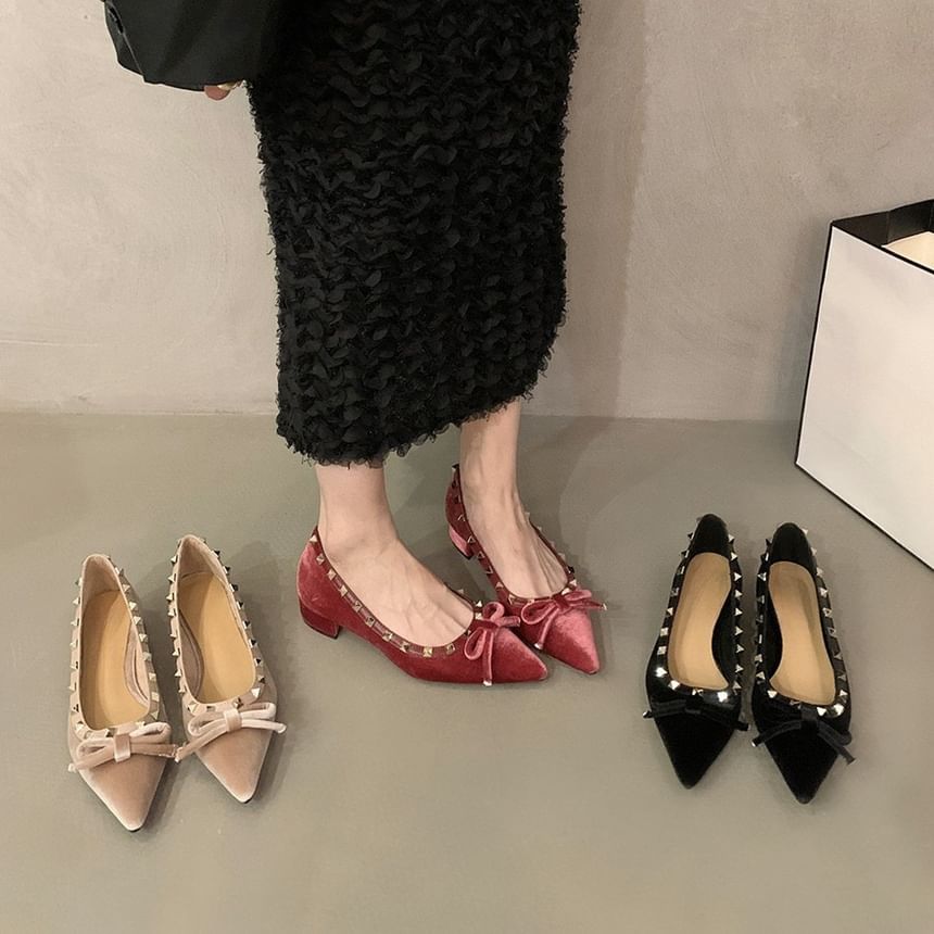 Velvet Pointed Studded Toe Pumps Bow