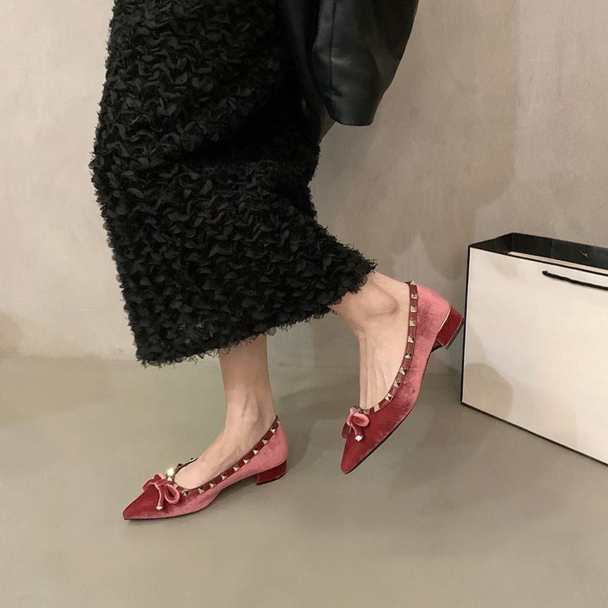 Velvet Pointed Studded Toe Pumps Bow