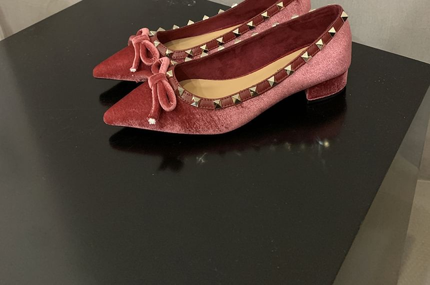 Velvet Pointed Studded Toe Pumps Bow
