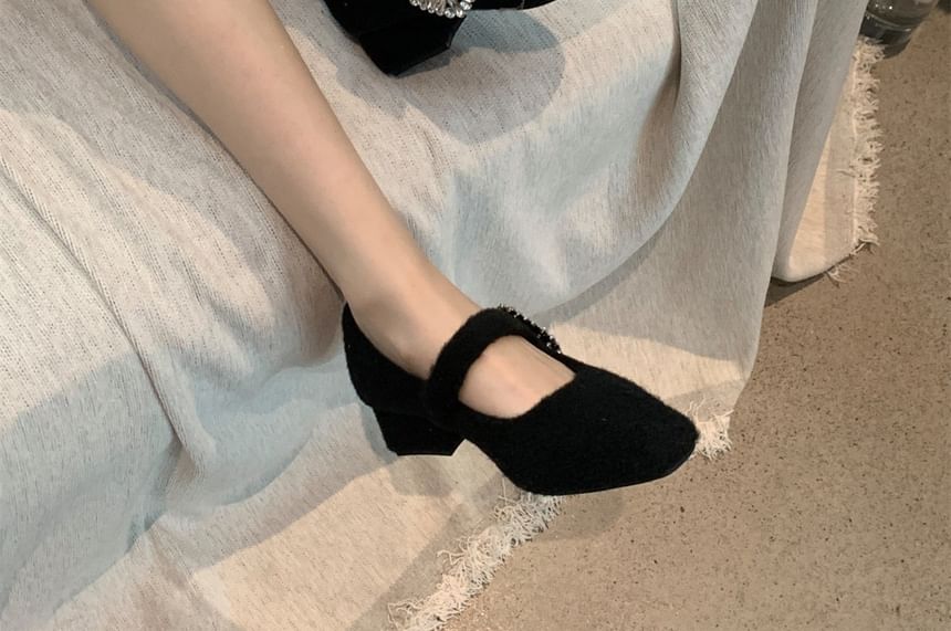 Square Heel Pumps Rhinestone Buckled Mary Toe Jane Block