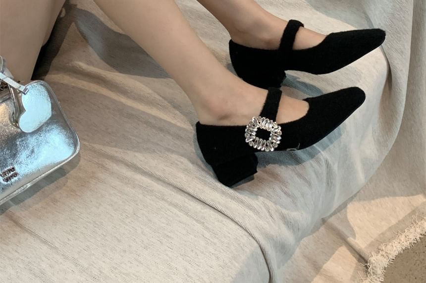 Square Heel Pumps Rhinestone Buckled Mary Toe Jane Block