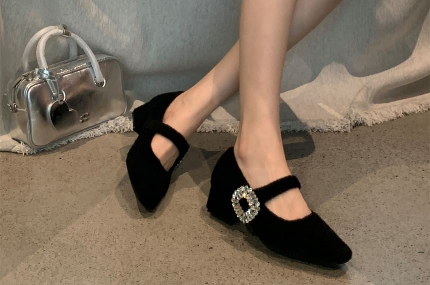 Square Heel Pumps Rhinestone Buckled Mary Toe Jane Block