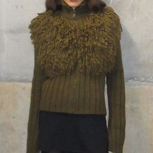 Mock Neck Fringe Panel Zip Front Cardigan