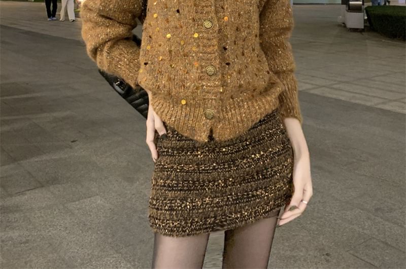 Crew Neck Melange Sequin Cardigan / Long Sleeve Collared Plain Pintuck Panel Lace Blouse / High Rise Tweed Mini A-Line Skirt