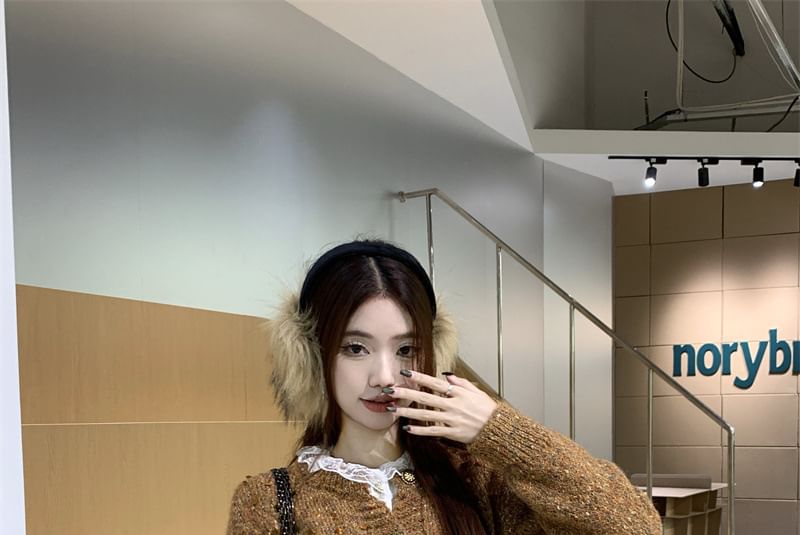 Crew Neck Melange Sequin Cardigan / Long Sleeve Collared Plain Pintuck Panel Lace Blouse / High Rise Tweed Mini A-Line Skirt