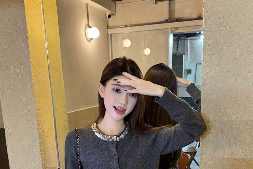 Sequin Round Neck Cardigan & High-Waist Mini A-Line Skirt Set