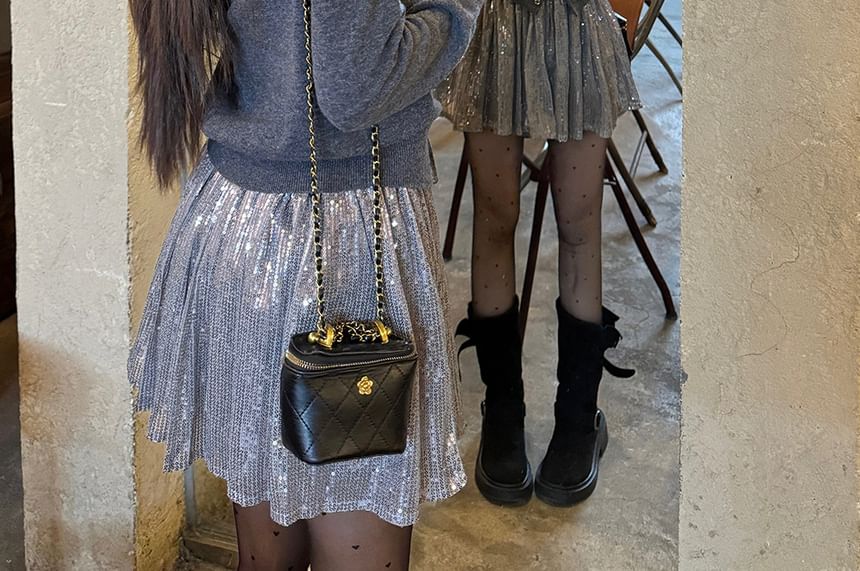 Sequin Round Neck Cardigan & High-Waist Mini A-Line Skirt Set