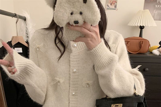 Round Neck Bow Faux Pearl Button Cardigan / High Rise Tweed Mini A-Line Skirt