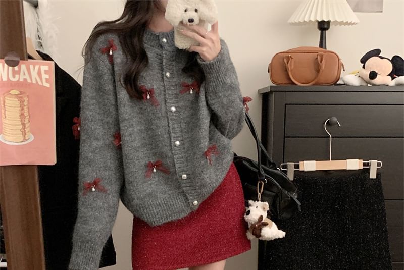 Round Neck Bow Faux Pearl Button Cardigan / High Rise Tweed Mini A-Line Skirt