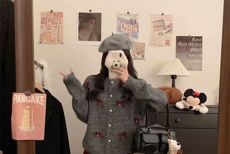 Round Neck Bow Faux Pearl Button Cardigan / High Rise Tweed Mini A-Line Skirt