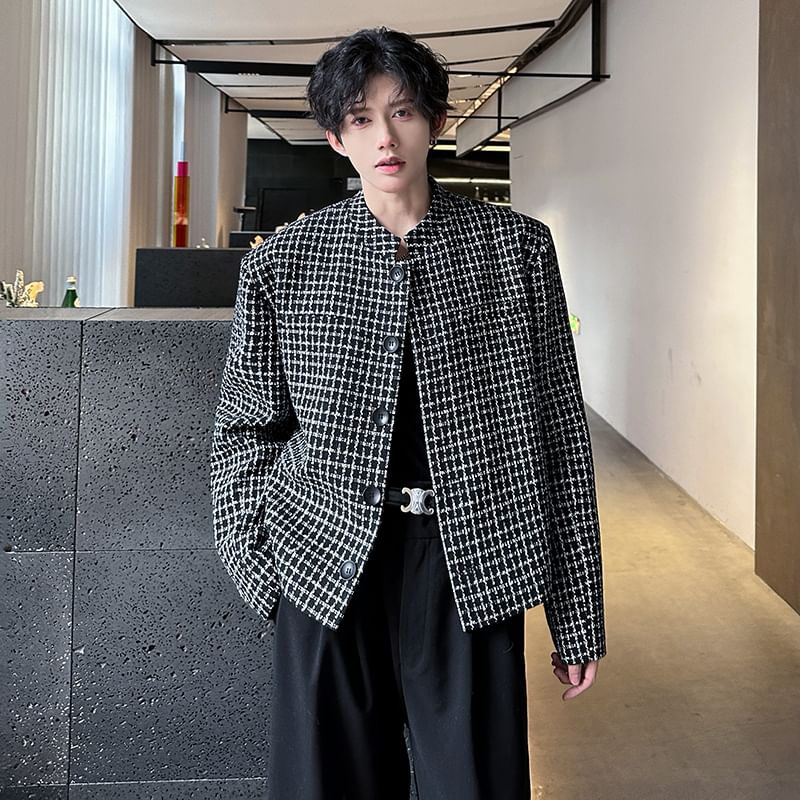 Stand Collar Plaid Button-Up Tweed Jacket