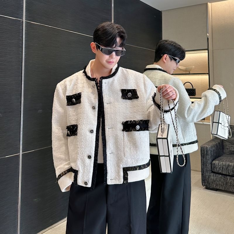 Crew Neck Contrast Trim Fringed Button-Up Tweed Jacket