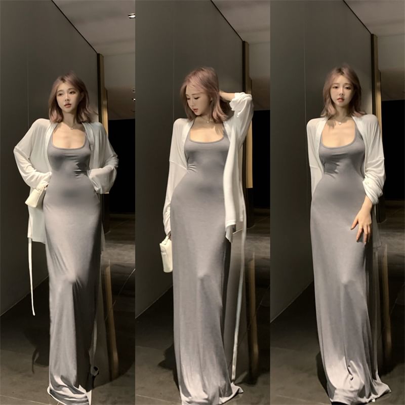 Spaghetti Strap Midi Bodycon Dress & Cardigan Set