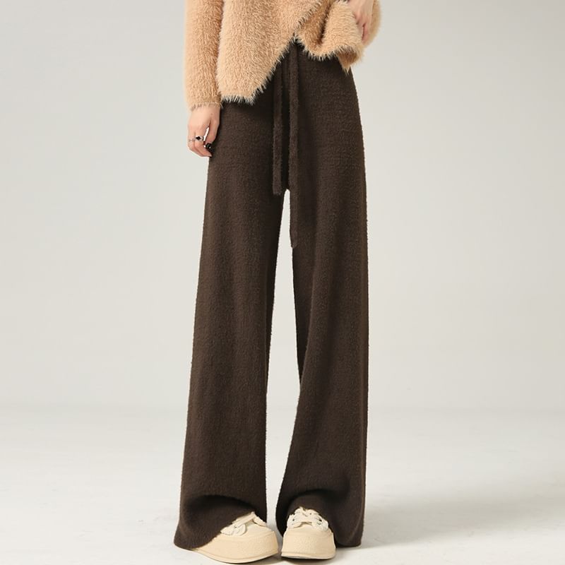 Leg High Waist Pants Knit Wide Plain