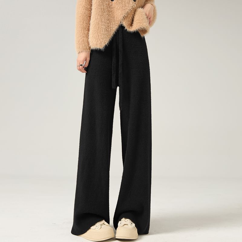 Leg High Waist Pants Knit Wide Plain